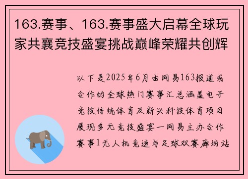 163.赛事、163.赛事盛大启幕全球玩家共襄竞技盛宴挑战巅峰荣耀共创辉煌